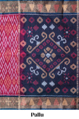 Pink ikkat style motifs design ikkat cotton saree with contrast zari design border and plain blouse