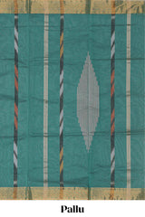 Teal green ikkat style geometric design pure ikkat cotton saree with self zari border and matching blouse comes with beautifull ikkat design pallu