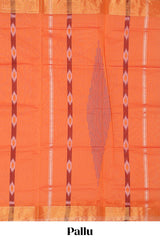 Orange ikkat style geometric design pure ikkat cotton saree with self zari border and matching blouse comes with beautiful ikkat design pallu