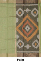 Teal green striped pure ikkat cotton saree with self zari border paired with beautiful ikkat design pallu and matching blouse