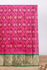 Pink ikkat design cotton saree with contrast zari border and plain blouse