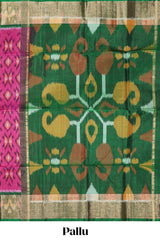 Pink ikkat design cotton saree with contrast zari border and plain blouse