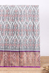 Grey ikkat design cotton saree with contrast zari border and violet Pallu and blouse