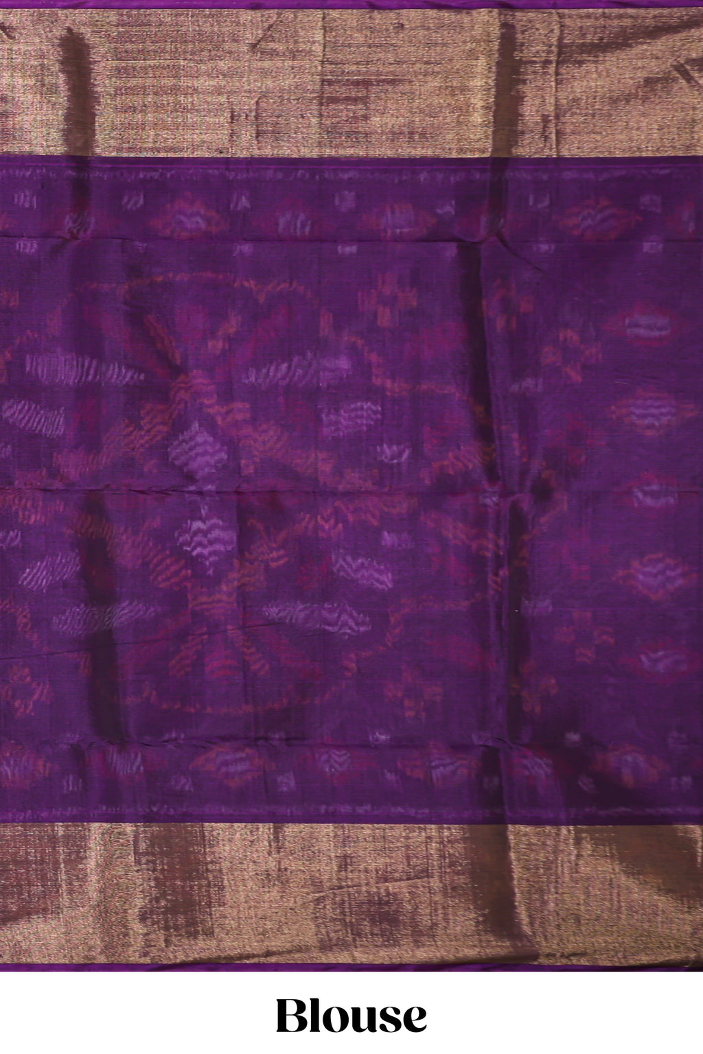 Grey ikkat design cotton saree with contrast zari border and violet Pallu and blouse