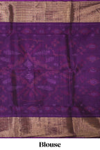 Grey ikkat design cotton saree with contrast zari border and violet Pallu and blouse