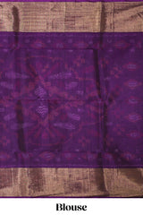 Grey ikkat design cotton saree with contrast zari border and violet Pallu and blouse