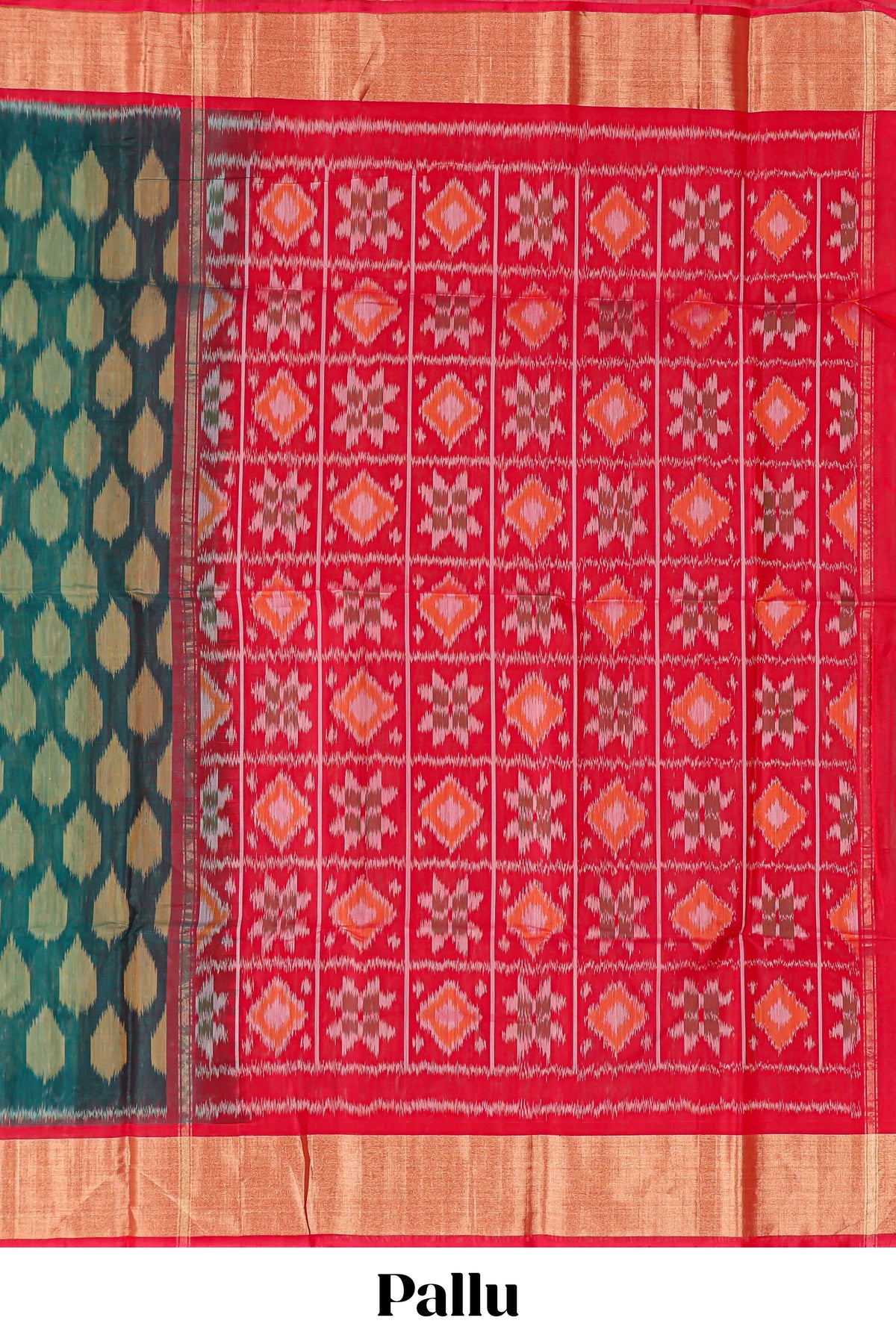 Midnight green motifs design ikkat cotton saree with contrast border and blouse