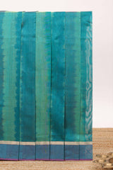 Teal blue striped shades plain design ikkat cotton saree with self zari pallu and matching blouse
