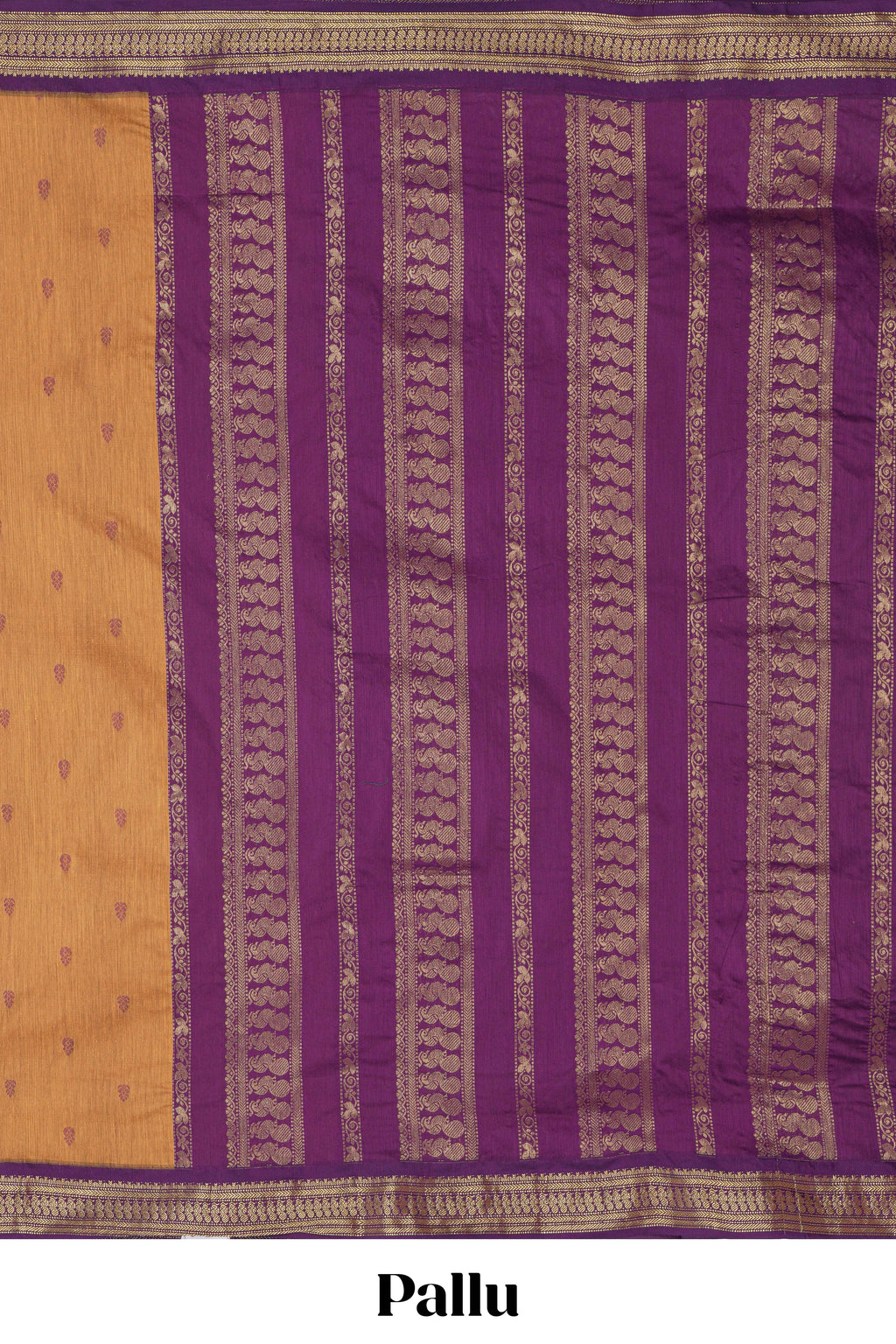 Orange motifs design kalyani cotton saree with contrast border and striped pattern pallu
