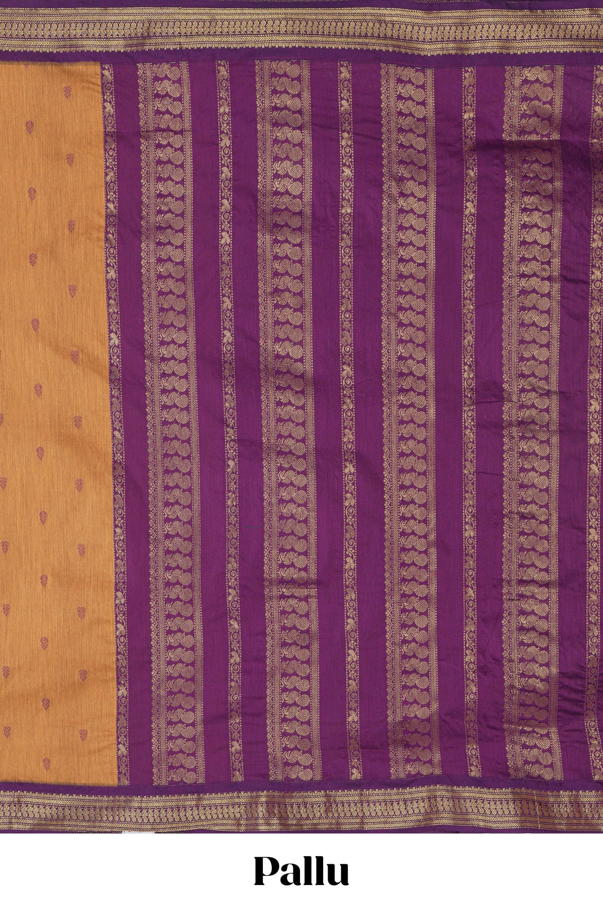 Orange motifs design kalyani cotton saree with contrast border and striped pattern pallu