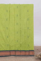 Green motifs design kalyani cotton saree with contrast border and striped pattern pallu