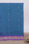 Blue motifs design kalyani cotton saree with contrast border and striped pattern pallu