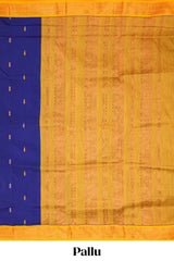 Dark blue butta designed kalyani cotton saree with contrast border and zari designed pallu with plain blouse