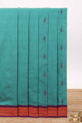 Teal blue butta designed kalyani cotton saree with contrast border and plain blouse
