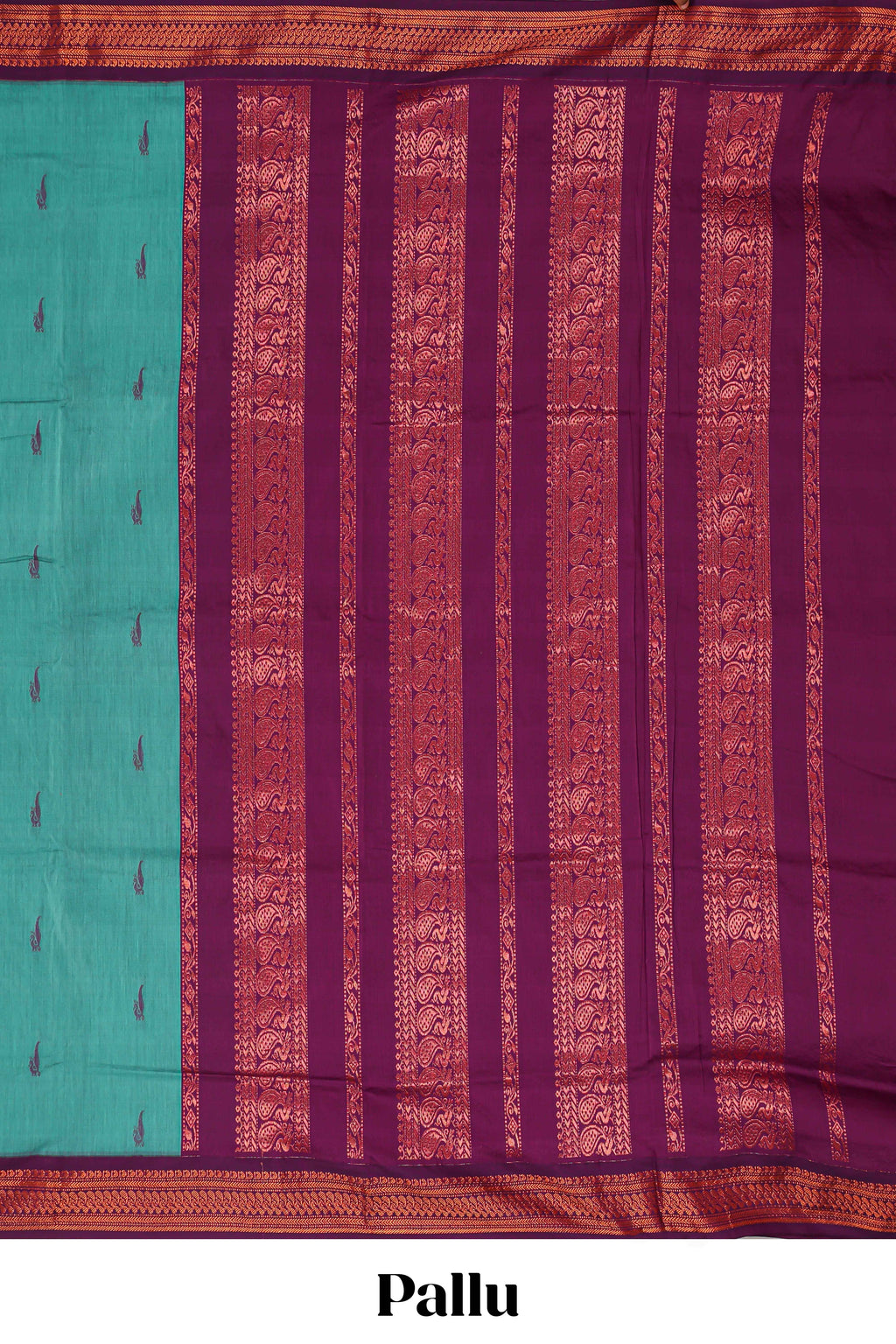 Teal blue butta designed kalyani cotton saree with contrast border and plain blouse