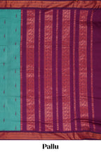 Teal blue butta designed kalyani cotton saree with contrast border and plain blouse