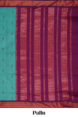 Teal blue butta designed kalyani cotton saree with contrast border and plain blouse
