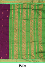 Purple floral motifs design kalyani cotton saree with contrast border and zari striped pallu