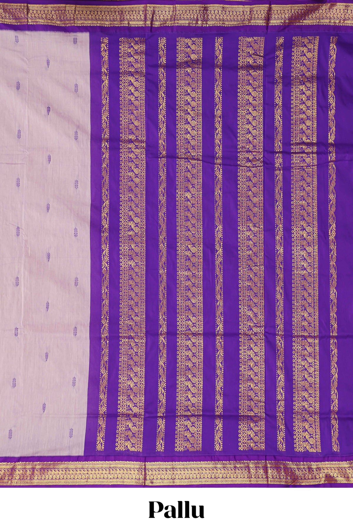 Light lavender floral motifs design kalyani cotton saree with contrast border and zari striped pallu