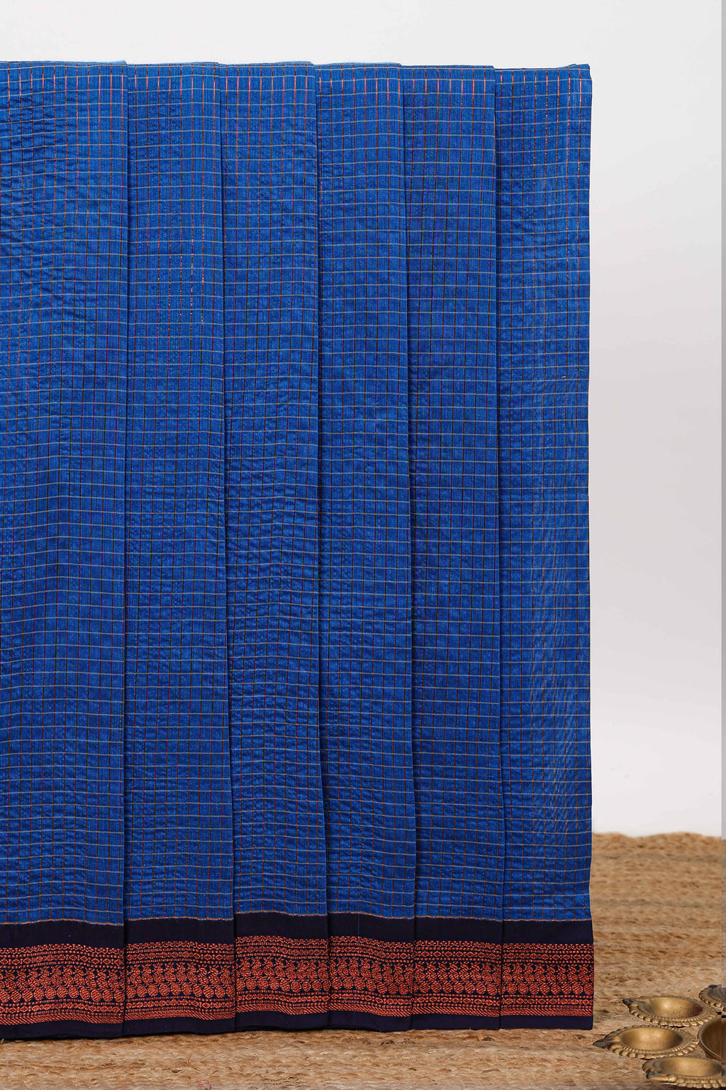 Blue checked design kalyani cotton saree with contrast border and striped blouse