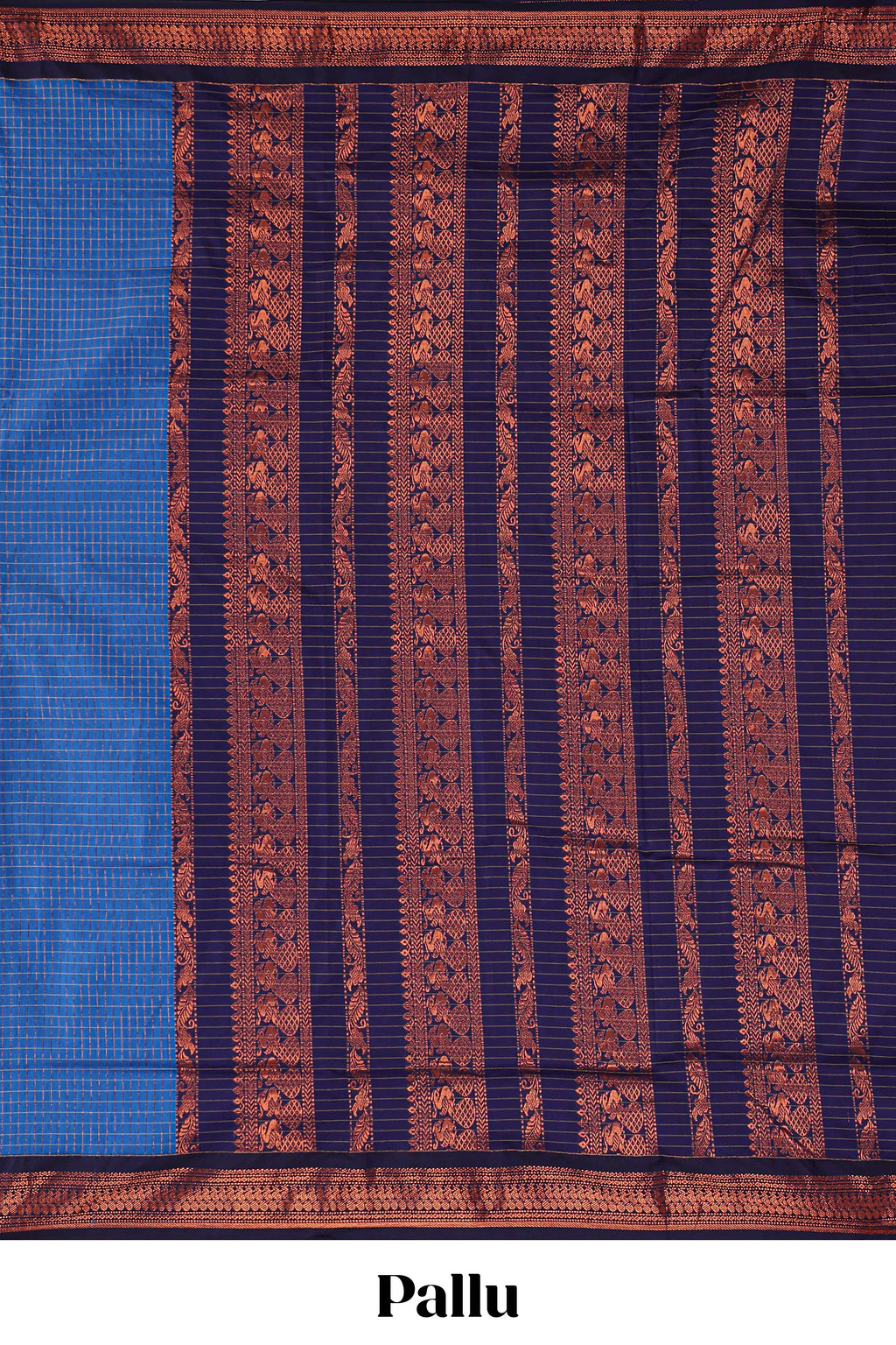 Blue checked design kalyani cotton saree with contrast border and striped blouse