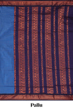 Blue checked design kalyani cotton saree with contrast border and striped blouse