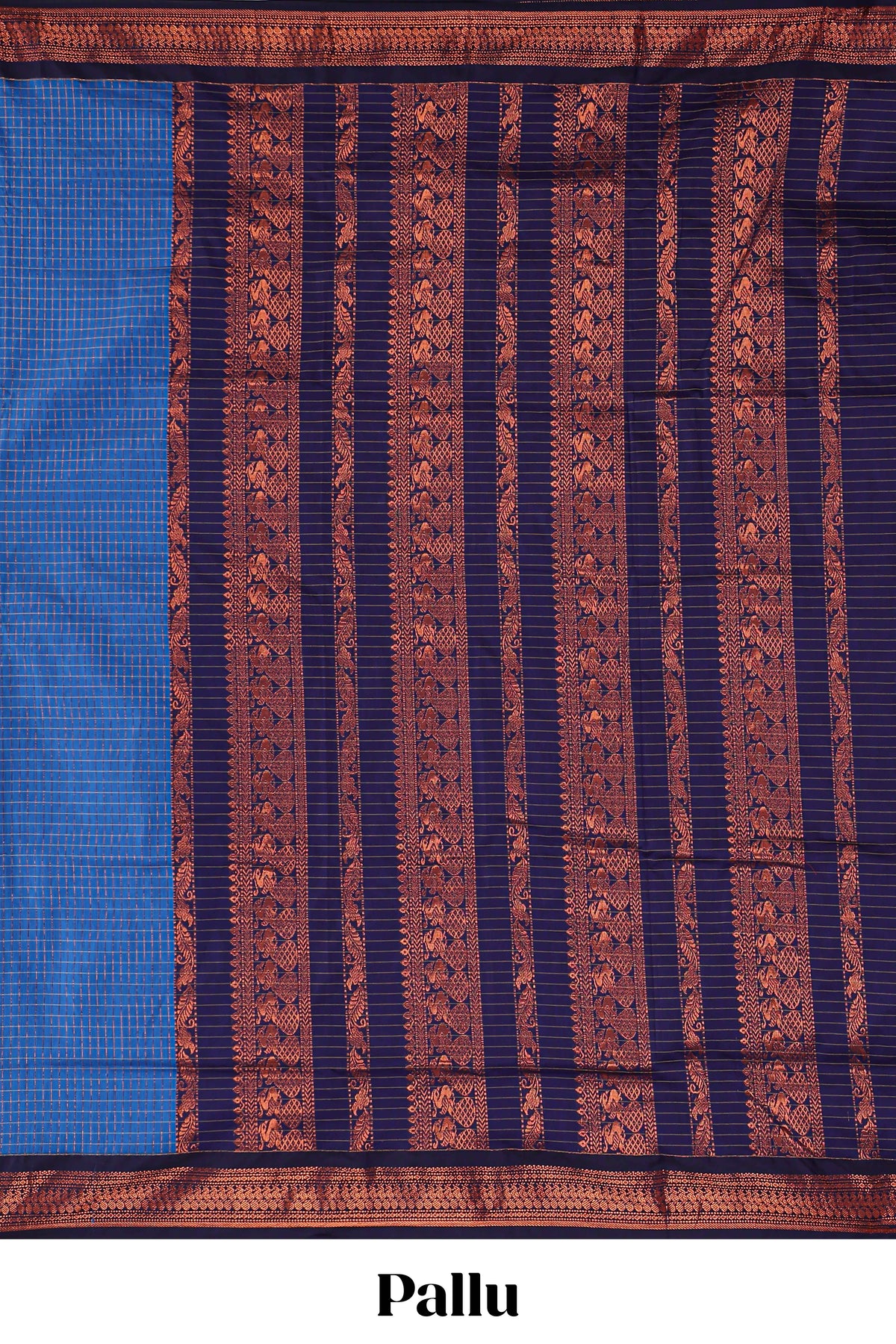 Blue checked design kalyani cotton saree with contrast border and striped blouse