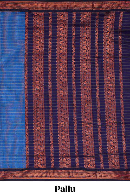 Blue checked design kalyani cotton saree with contrast border and striped blouse