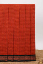 Rust orange checked design kalyani cotton saree with contrast border and striped blouse