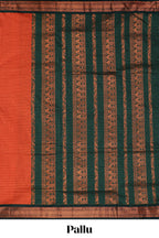 Rust orange checked design kalyani cotton saree with contrast border and striped blouse