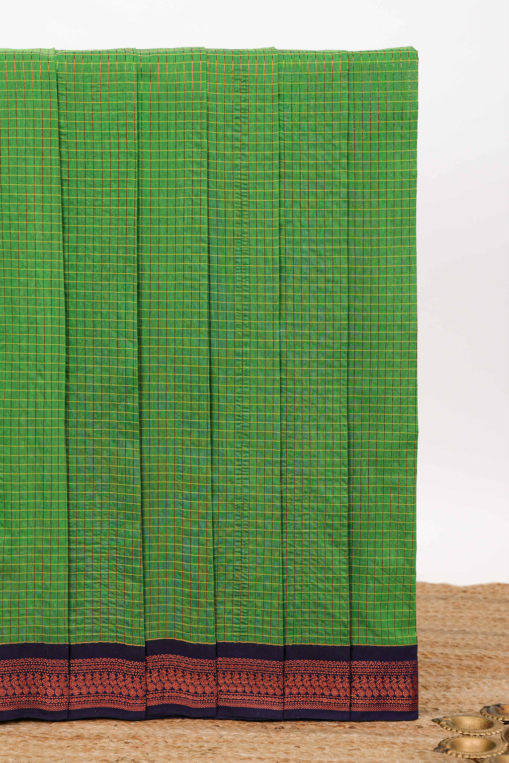 Green checked design kalyani cotton saree with contrast border and striped blouse