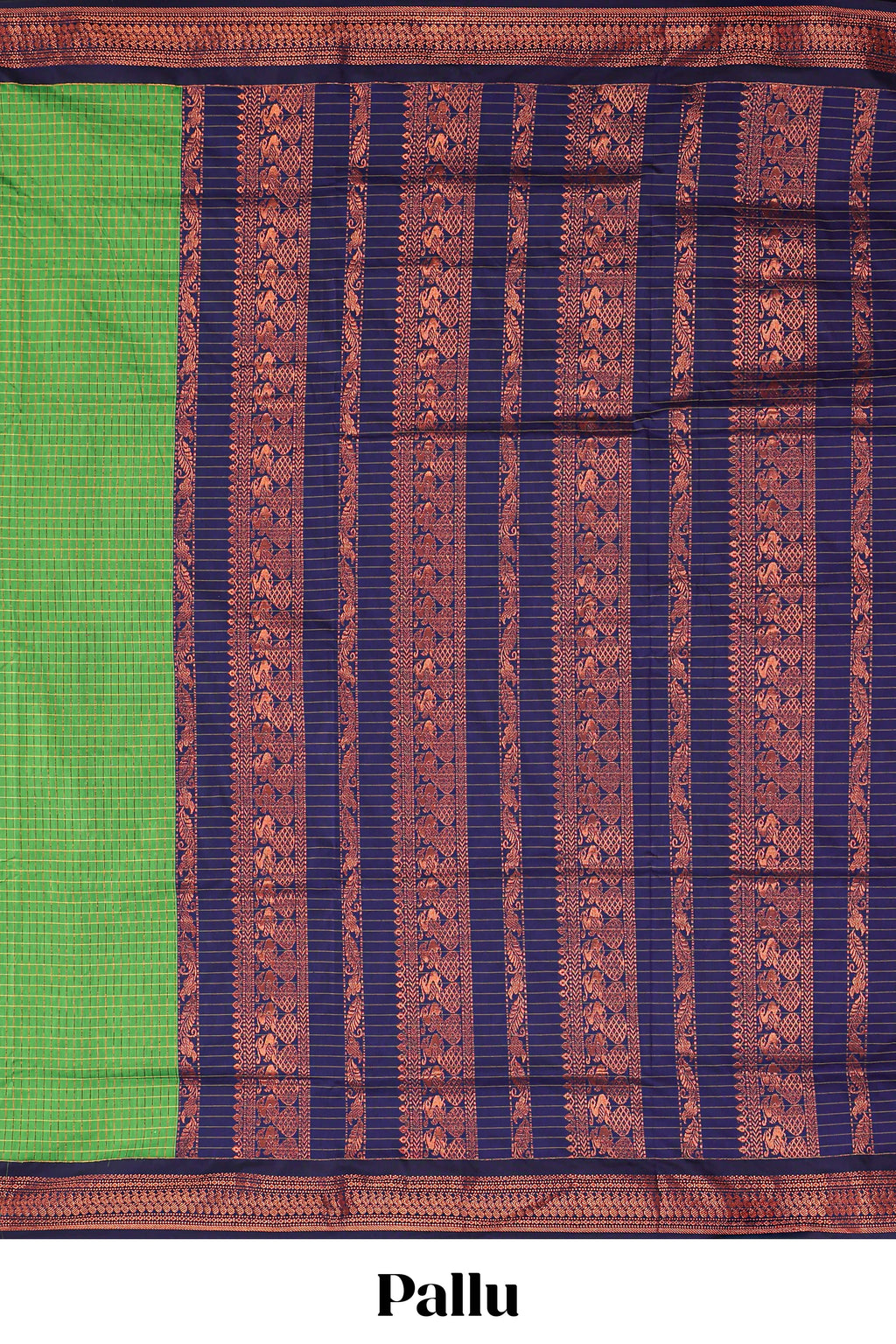 Green checked design kalyani cotton saree with contrast border and striped blouse