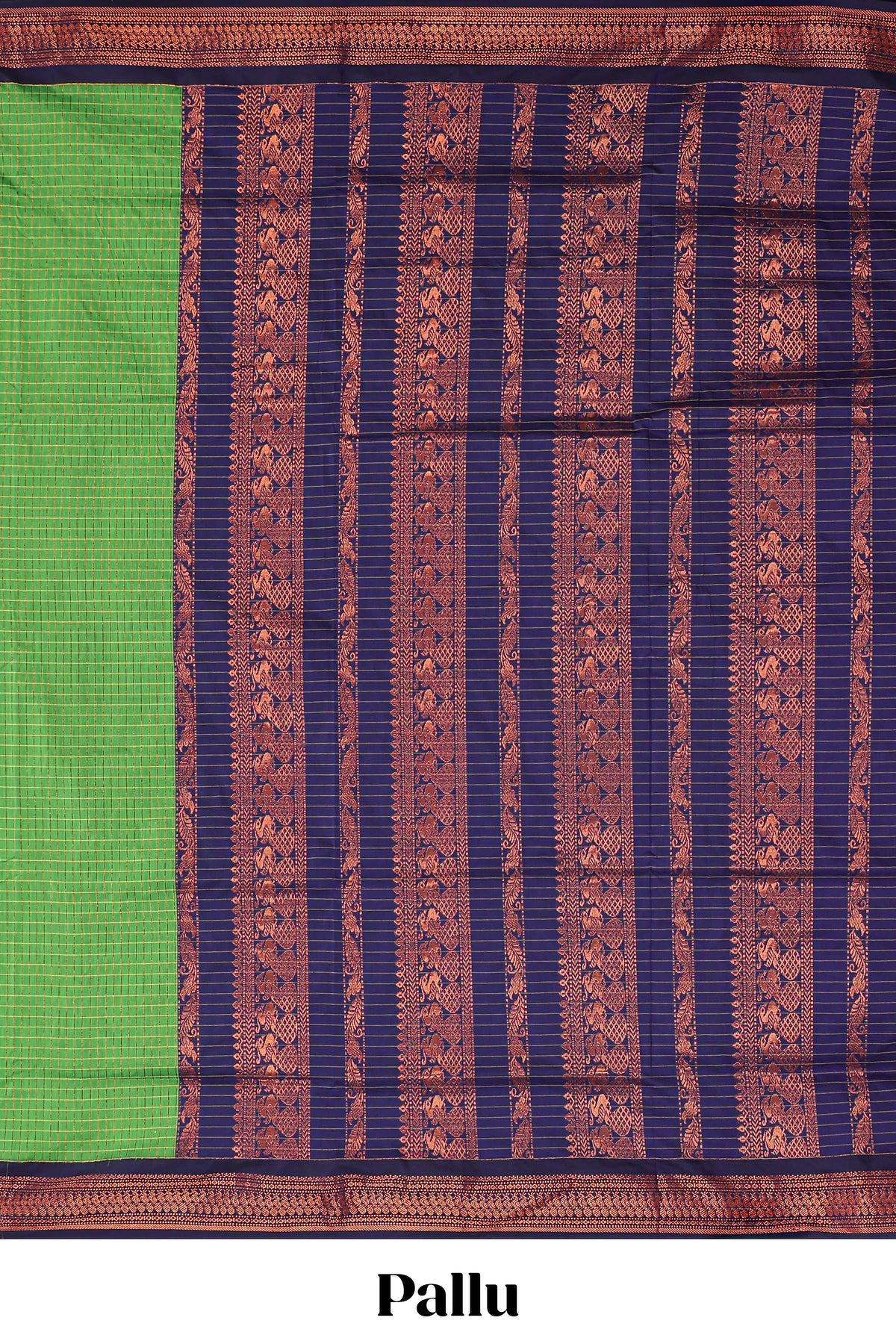Green checked design kalyani cotton saree with contrast border and striped blouse