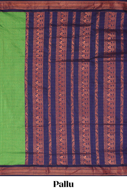 Green checked design kalyani cotton saree with contrast border and striped blouse