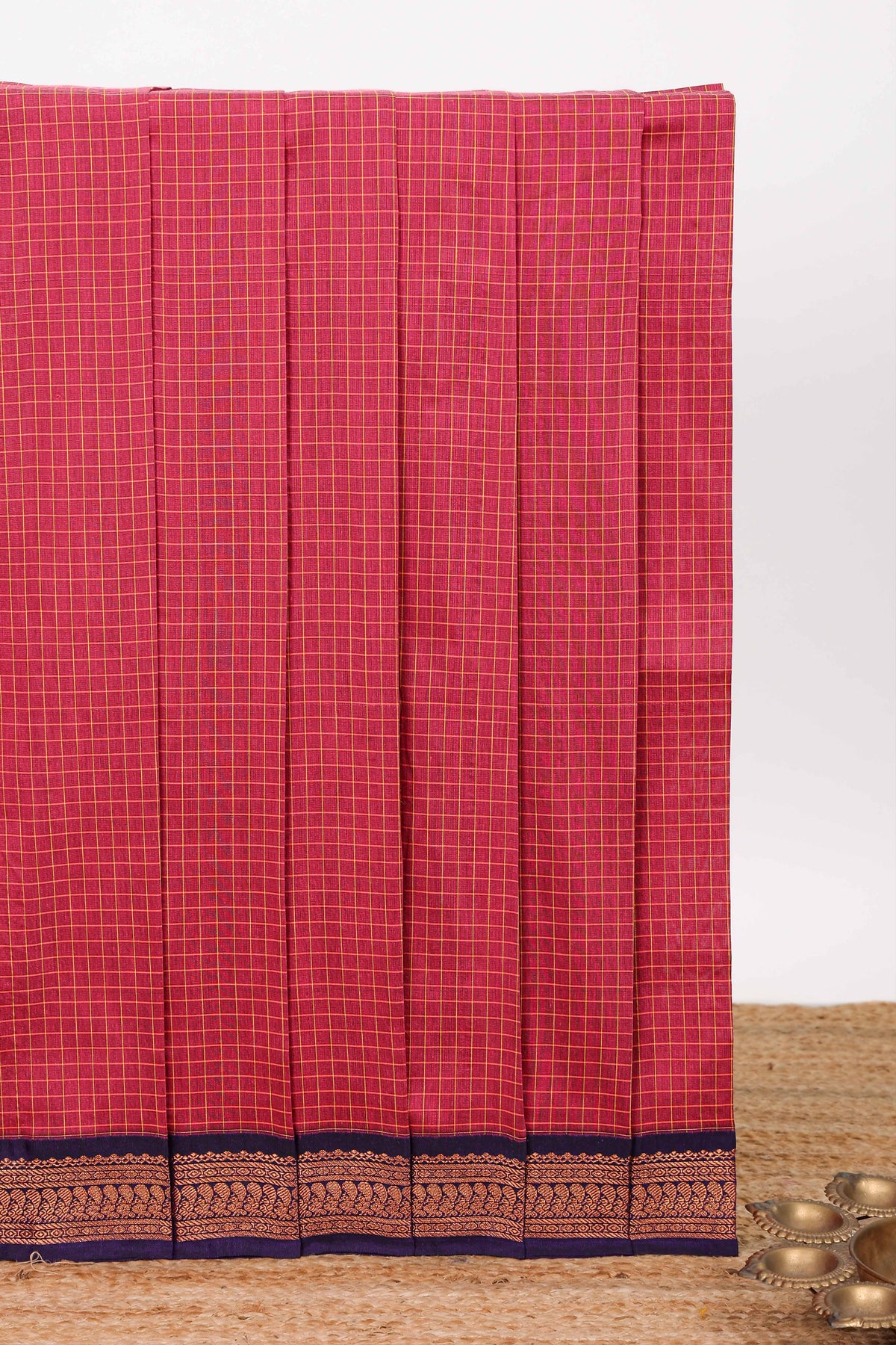 Red checked design kalyani cotton saree with contrast border and blouse