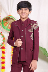 Maroon boys suit set with silver piping and deer shoulder design