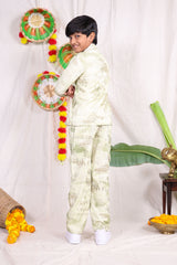 Beige typography printed shirt pant set with graphic t-shirt for boys