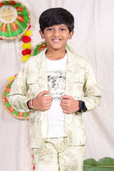 Beige typography printed shirt pant set with graphic t-shirt for boys