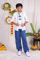 White and blue geometric designed shirt pant set with graphic t-shirt for boys