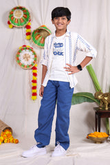 White and blue geometric designed shirt pant set with graphic t-shirt for boys