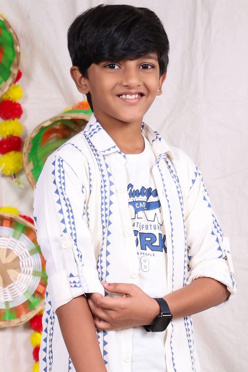 White and blue geometric designed shirt pant set with graphic t-shirt for boys