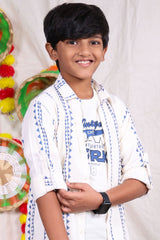 White and blue geometric designed shirt pant set with graphic t-shirt for boys