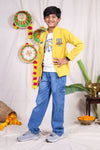Yellow and white car print Jacket pant set with t-shirt for boys