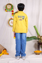 Yellow and white car print Jacket pant set with t-shirt for boys