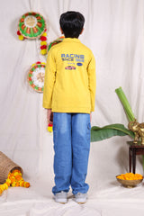 Yellow and white car print Jacket pant set with t-shirt for boys