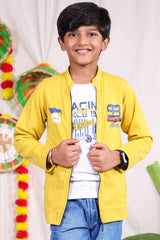 Yellow and white car print Jacket pant set with t-shirt for boys