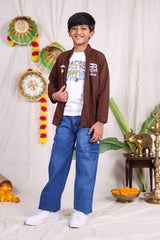 Brown and white car print Jacket pant set with t-shirt for boys