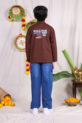 Brown and white car print Jacket pant set with t-shirt for boys
