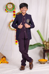 Violet boys suit set with gold piping and flower design