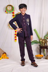 Violet boys suit set with gold piping and flower design